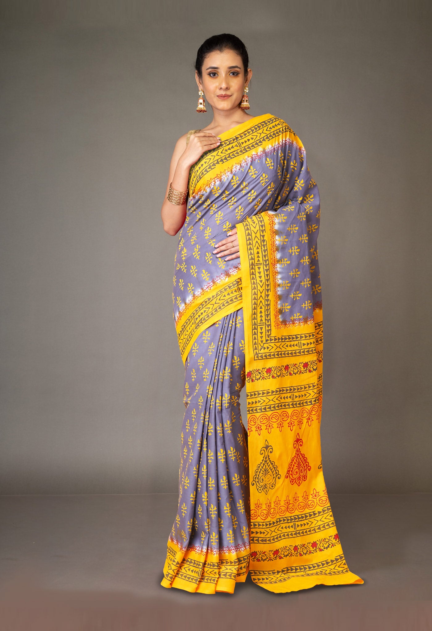 Grey Pure Hand Block Printed Soft Cotton Saree-UNM79193