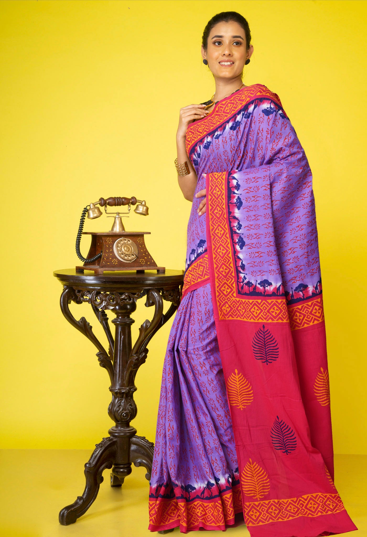 Lavender Pure Hand Block Printed Soft Cotton Saree-UNM79205