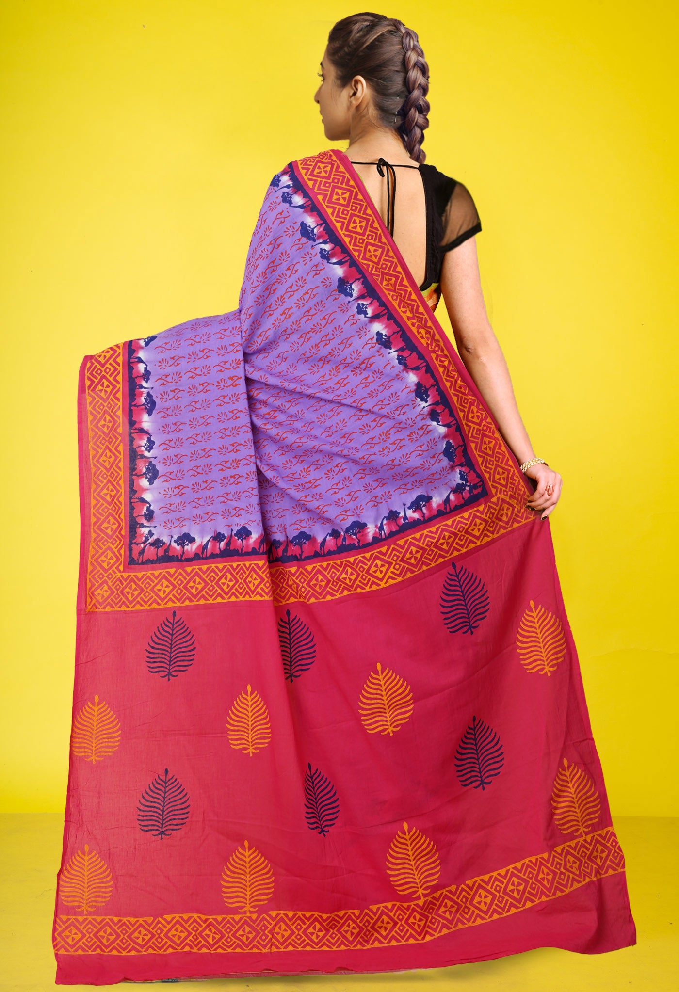 Lavender Pure Hand Block Printed Soft Cotton Saree-UNM79205