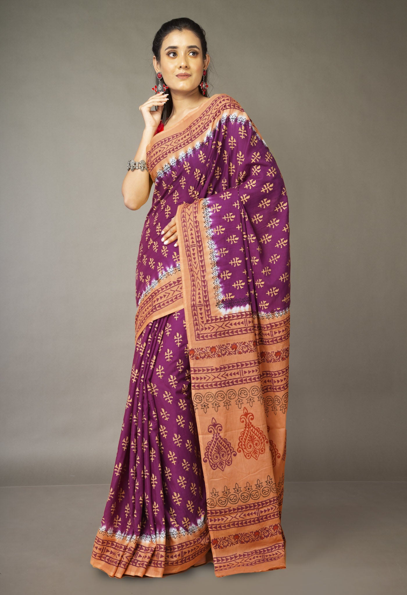 Purple Pure Hand Block Printed Soft Cotton Saree