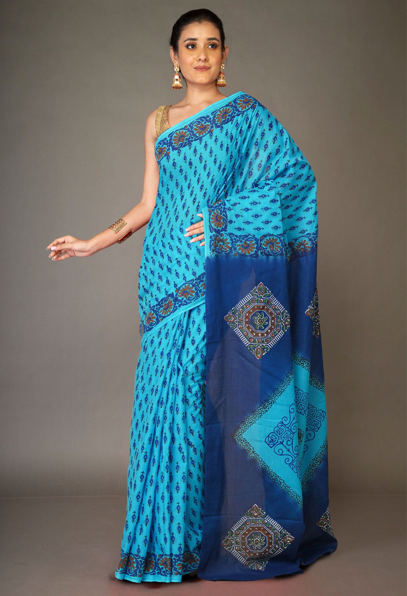 Blue Pure Hand Block Printed Soft Cotton Saree