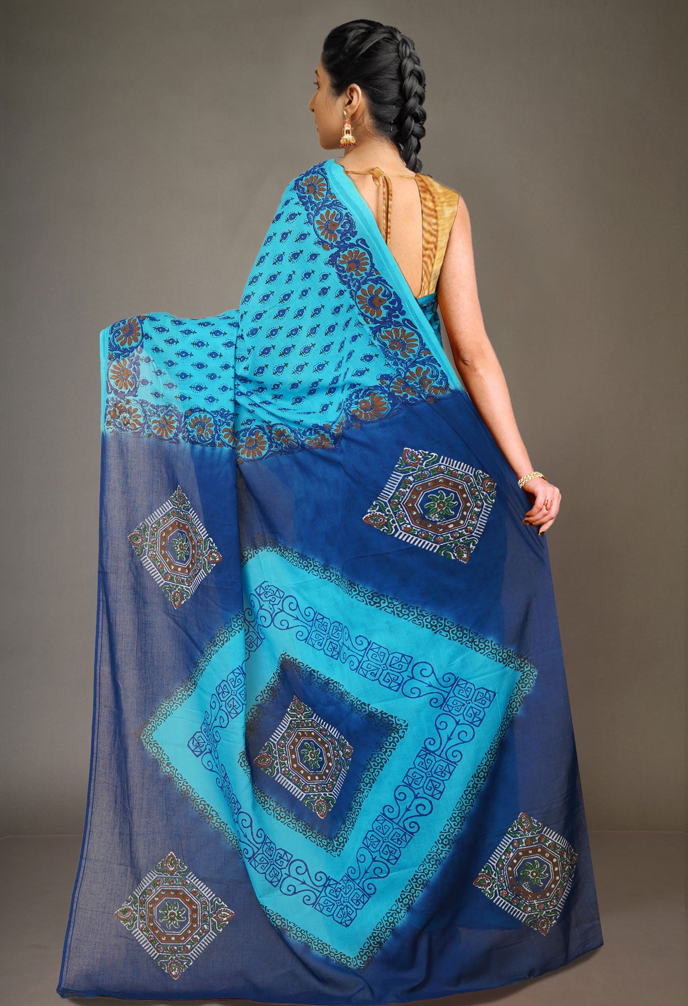 Blue Pure Hand Block Printed Soft Cotton Saree