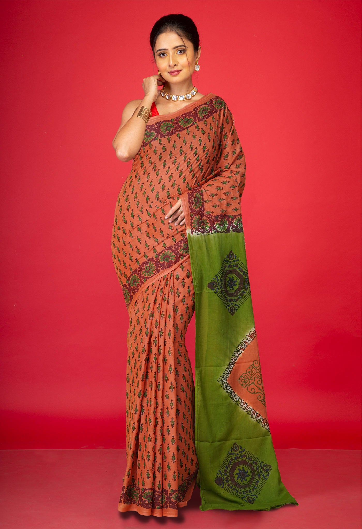 Orange Pure Hand Block Printed Soft Cotton Saree