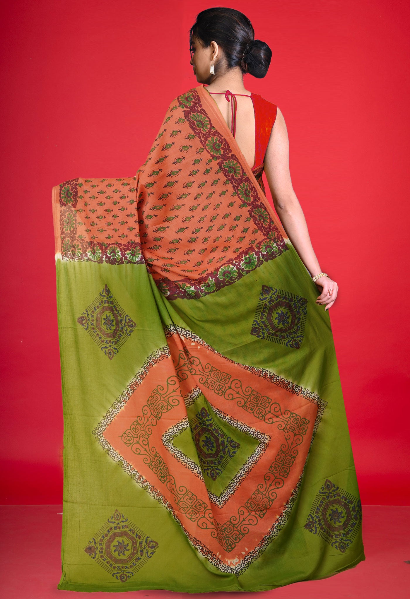 Orange Pure Hand Block Printed Soft Cotton Saree