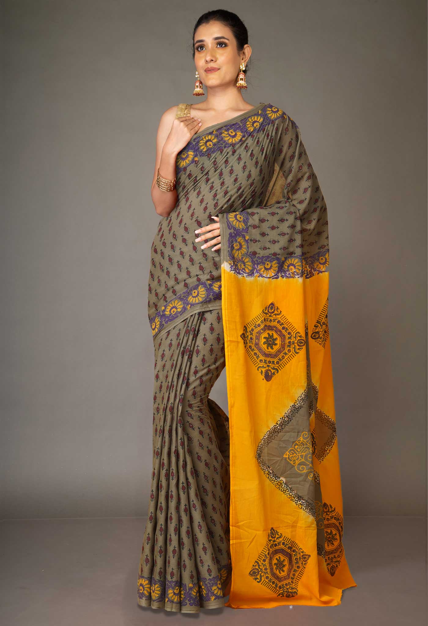 Grey Pure Hand Block Printed Soft Cotton Saree