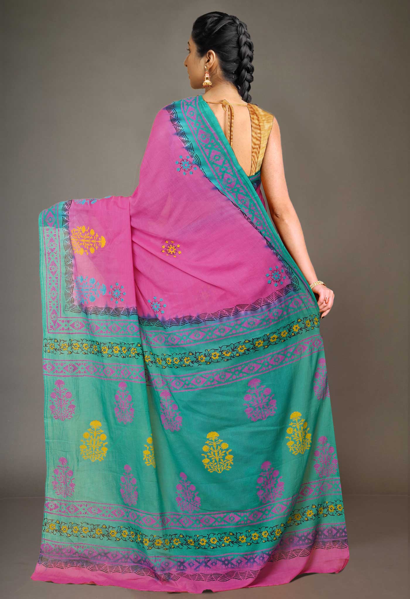 Pink Pure Hand Block Printed Soft Cotton Saree