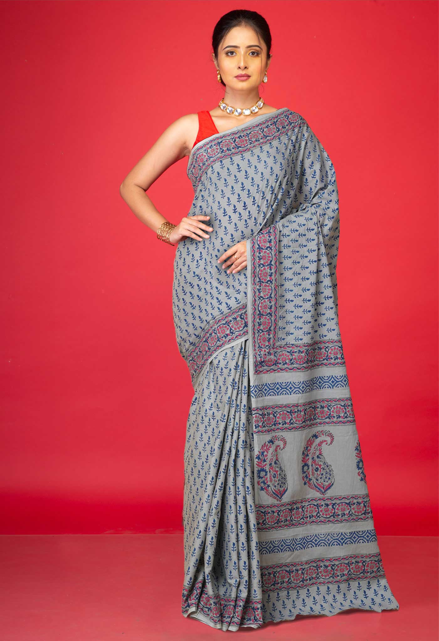 Grey Pure Hand Block Printed Soft Cotton Saree-UNM79247