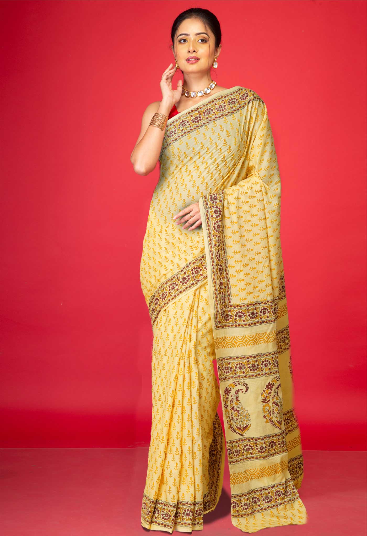 Cream Pure Hand Block Printed Soft Cotton Saree-UNM79248