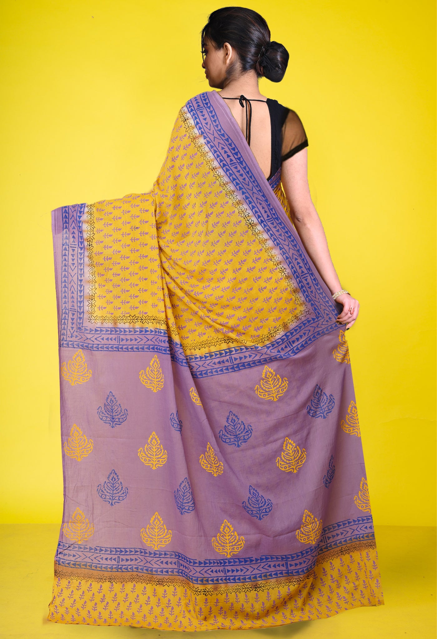 Yellow Pure Hand Block Printed Soft Cotton Saree