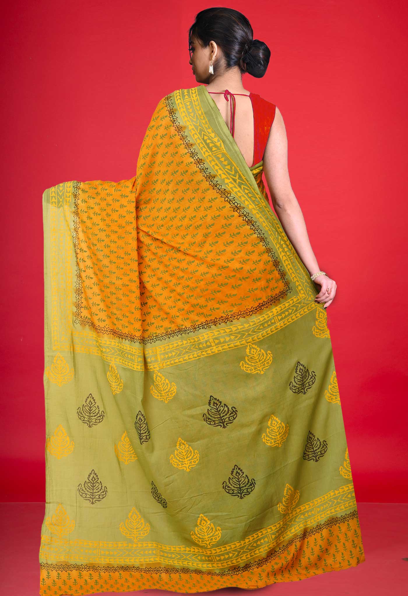 Yellow Pure Hand Block Printed Soft Cotton Saree