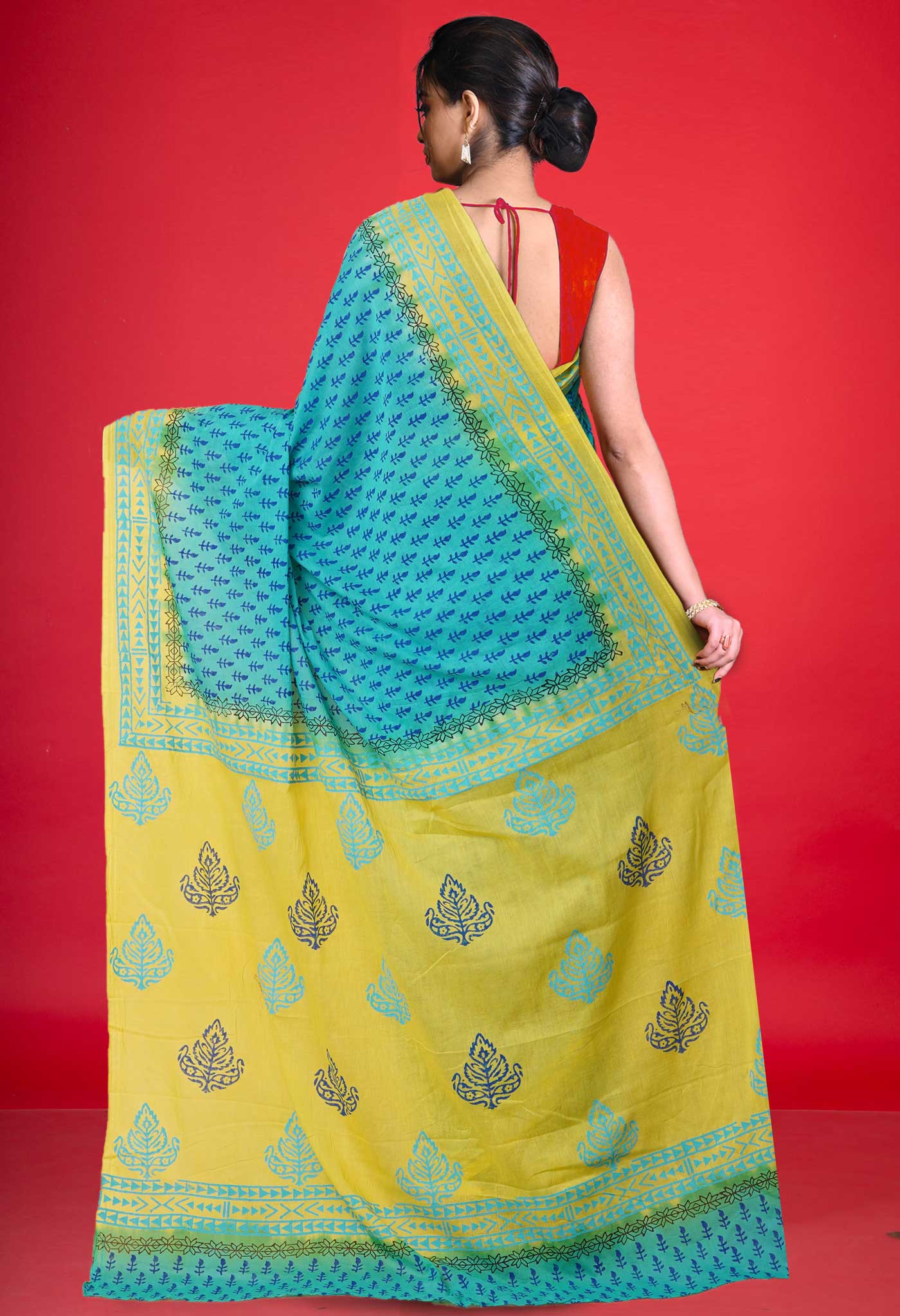 Blue Pure Hand Block Printed Soft Cotton Saree