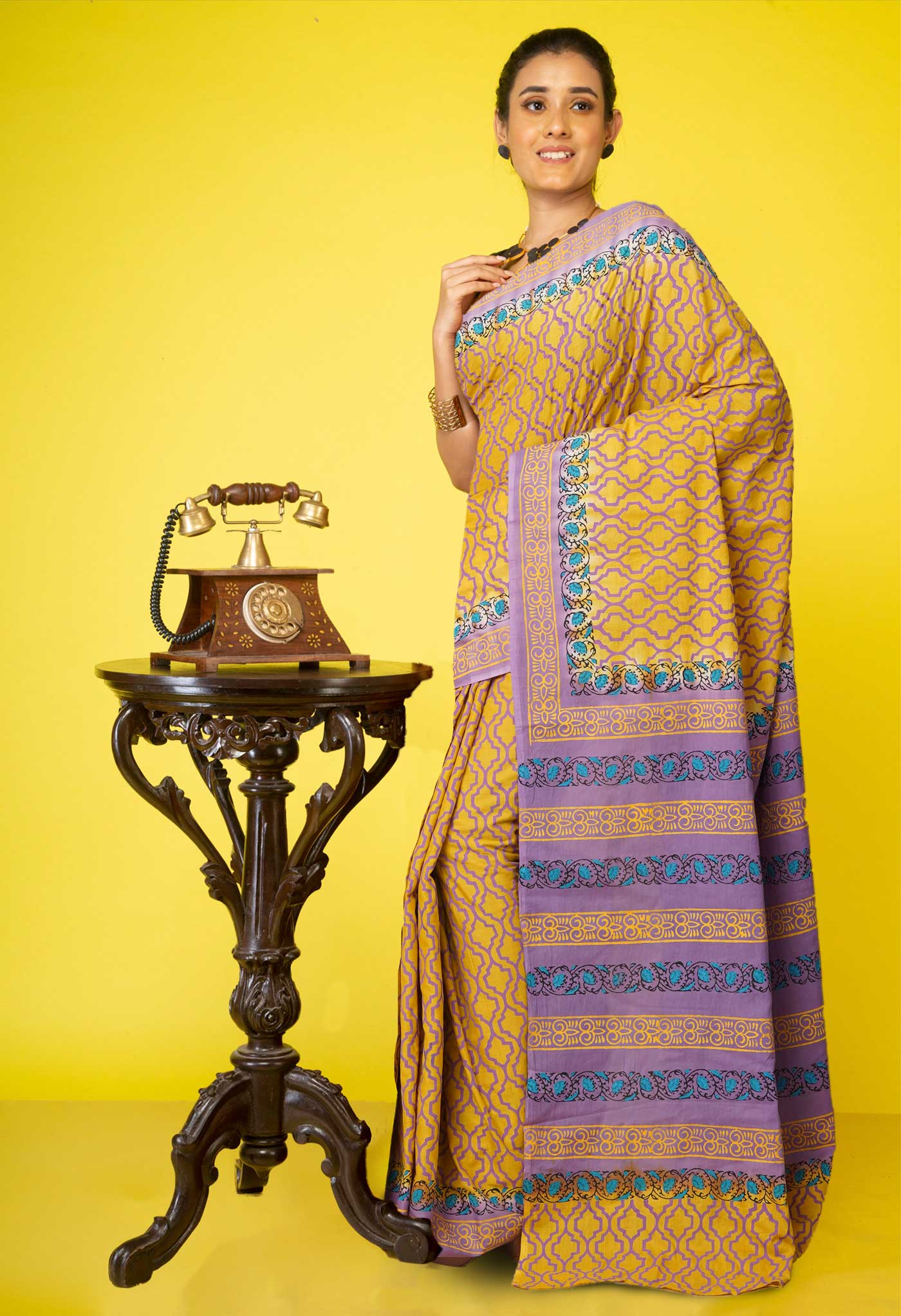 Yellow Pure Hand Block Printed Soft Cotton Saree-UNM79253