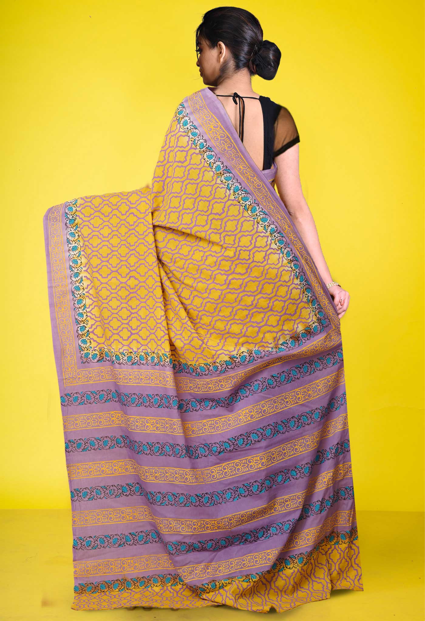 Yellow Pure Hand Block Printed Soft Cotton Saree-UNM79253