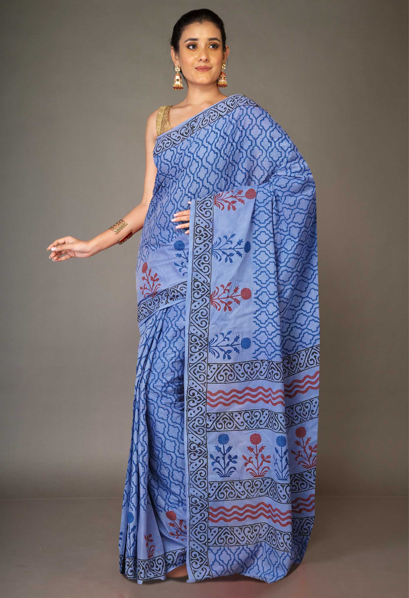 Blue Pure Hand Block Printed Soft Cotton Saree-UNM79254