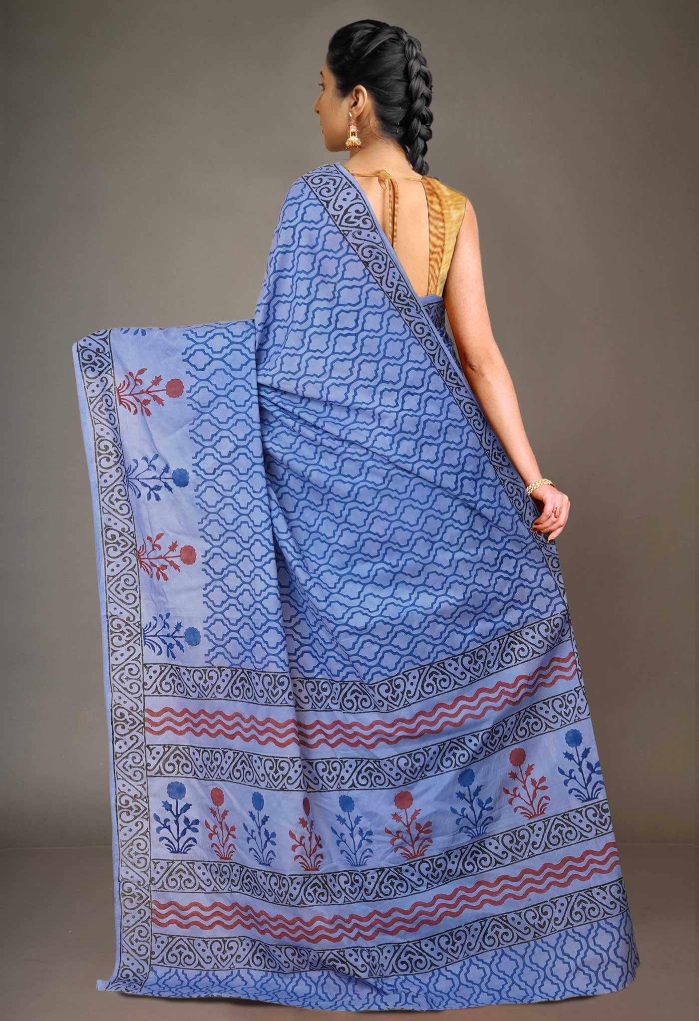 Blue Pure Hand Block Printed Soft Cotton Saree-UNM79254