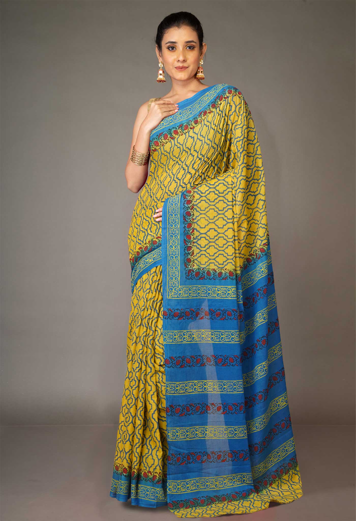 Yellow Pure Hand Block Printed Soft Cotton Saree-UNM79255