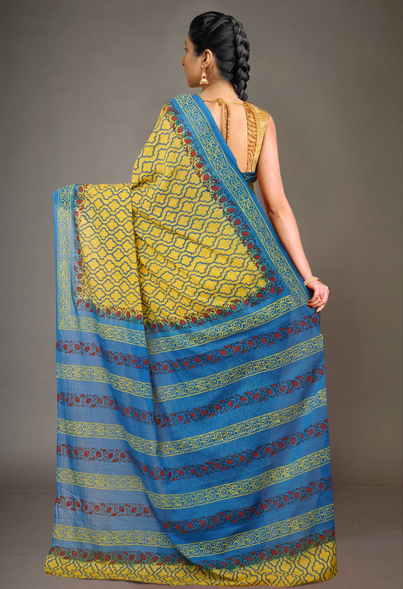 Yellow Pure Hand Block Printed Soft Cotton Saree-UNM79255