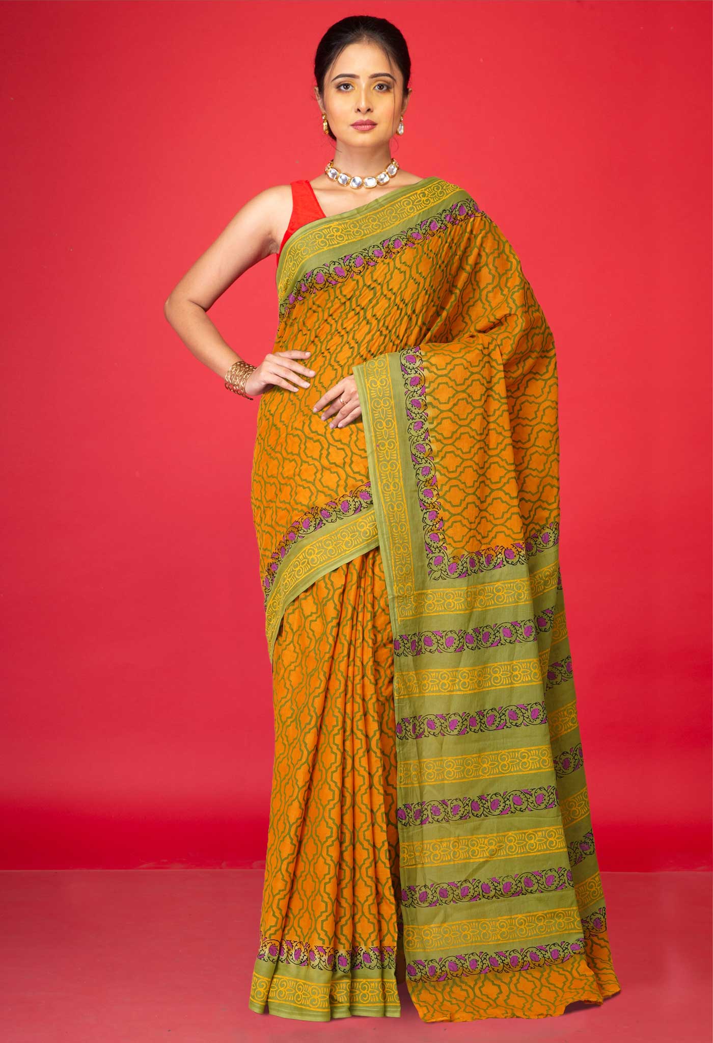 Yellow Pure Hand Block Printed Soft Cotton Saree-UNM79257