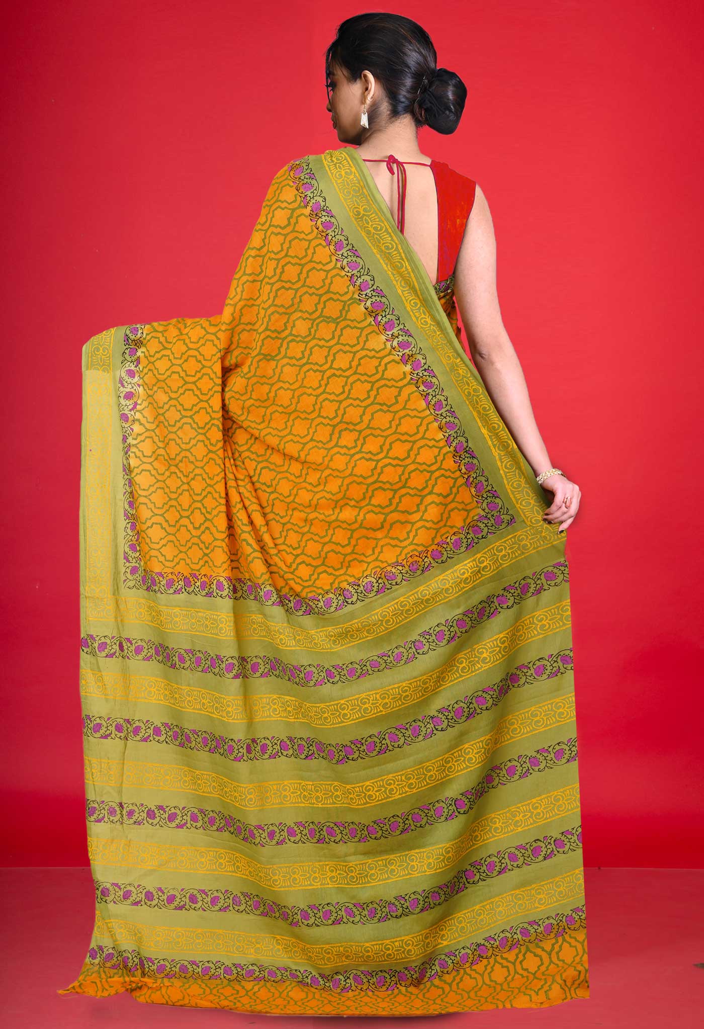 Yellow Pure Hand Block Printed Soft Cotton Saree-UNM79257