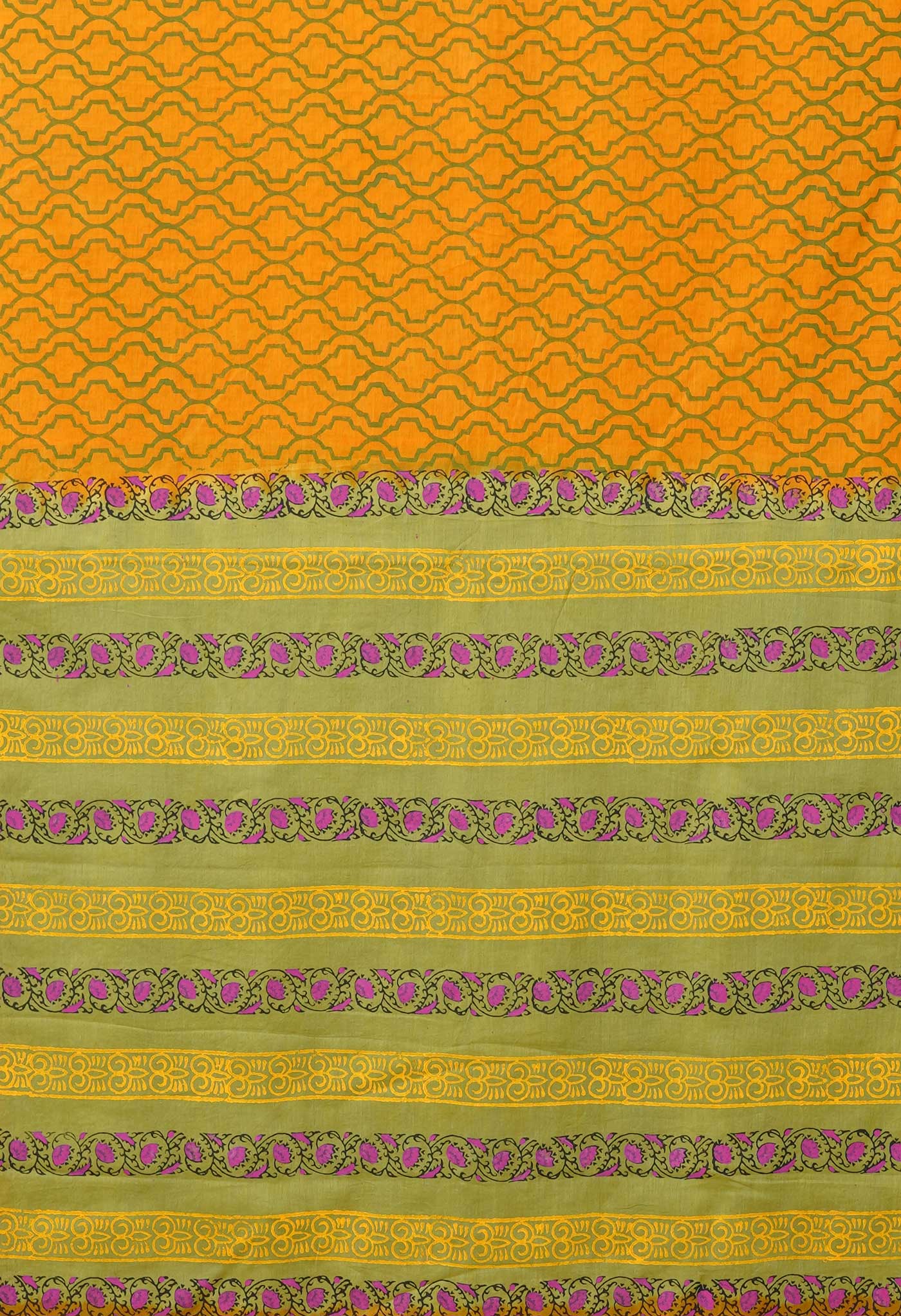 Yellow Pure Hand Block Printed Soft Cotton Saree-UNM79257