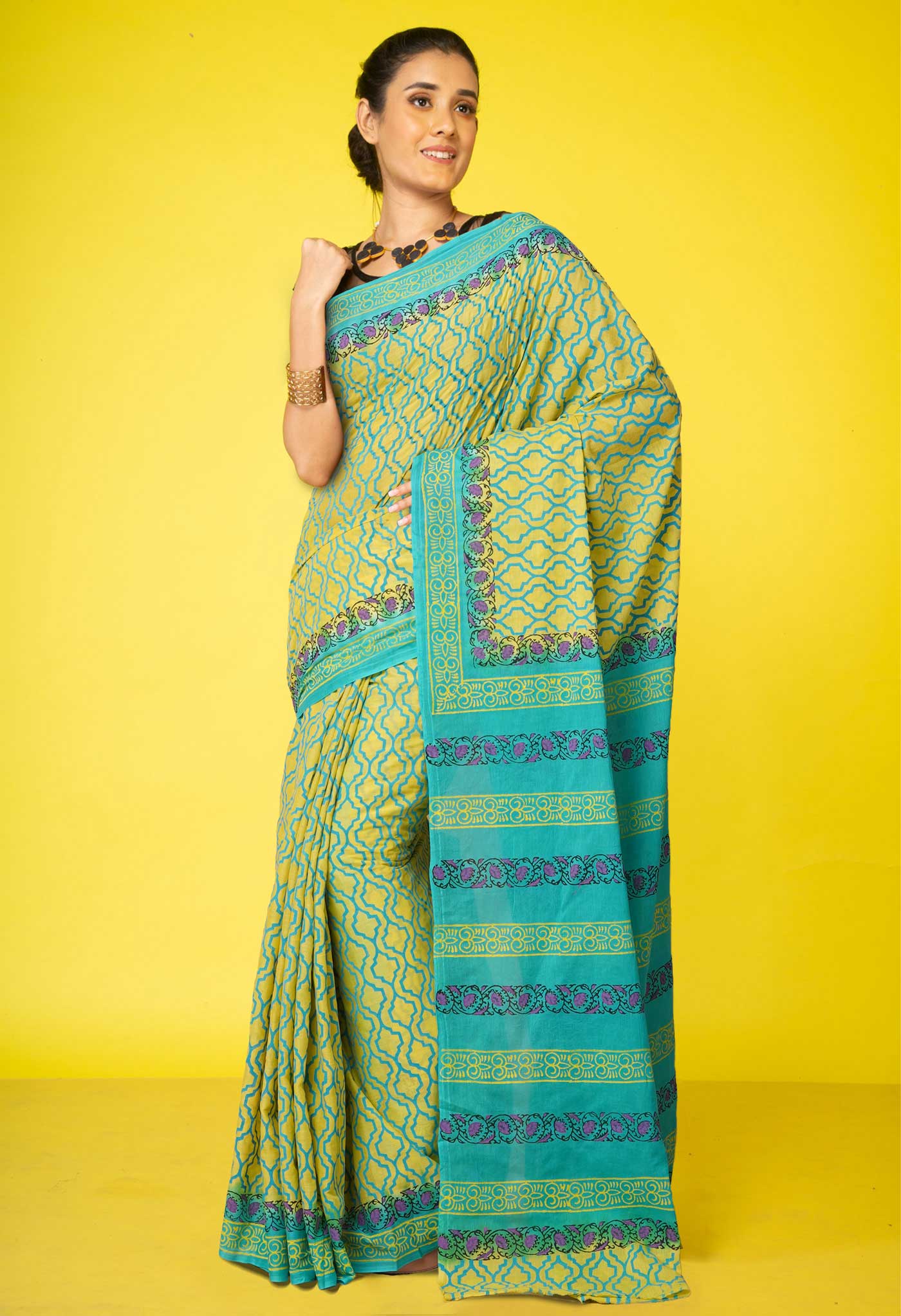 Yellow Pure Hand Block Printed Soft Cotton Saree