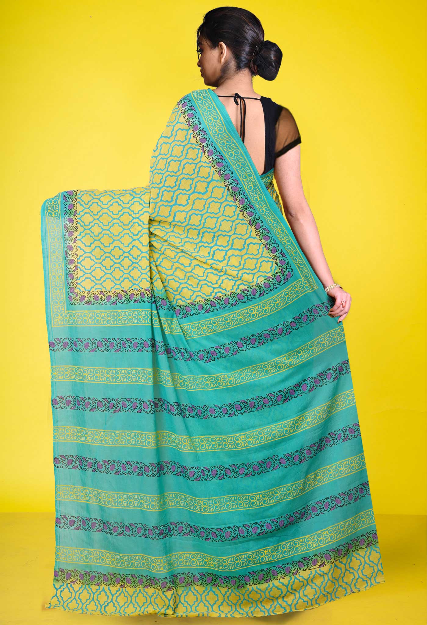 Yellow Pure Hand Block Printed Soft Cotton Saree