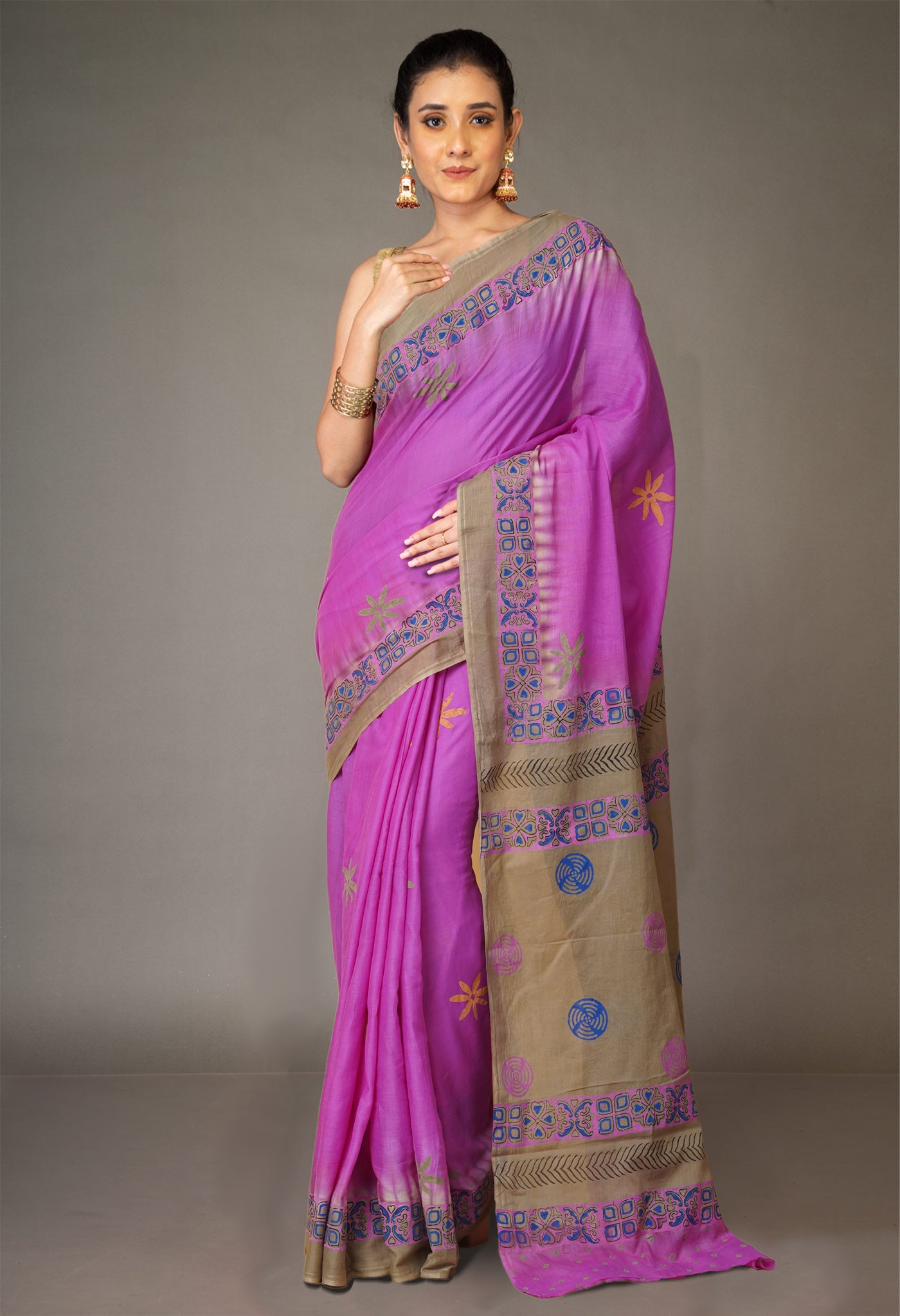 Purple Pure Hand Block Printed Soft Cotton Saree