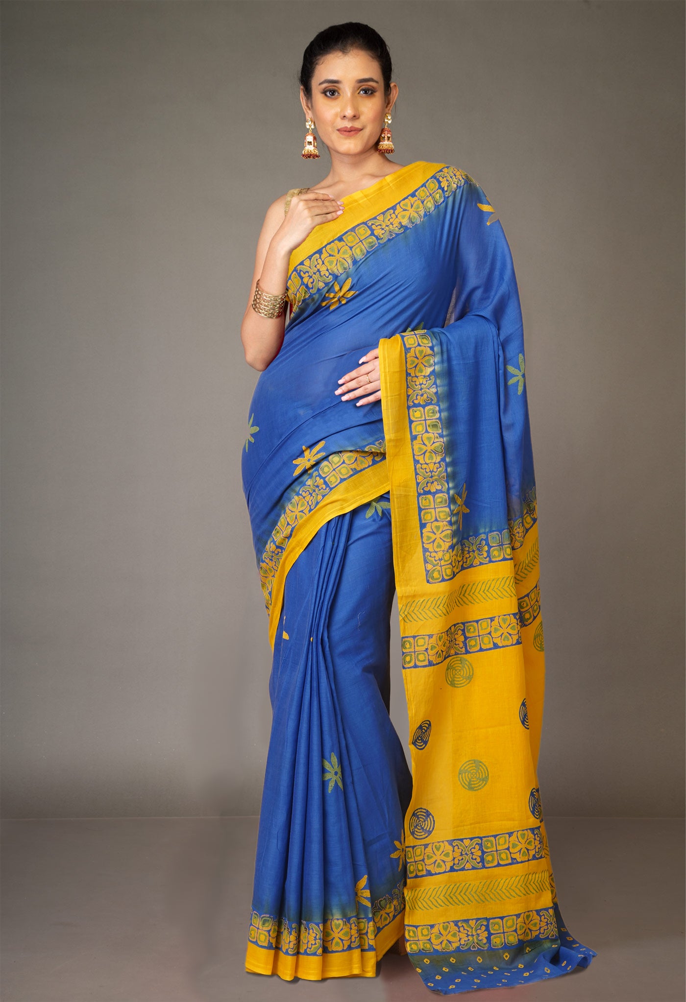 Blue Pure Hand Block Printed Soft Cotton Saree-UNM79260