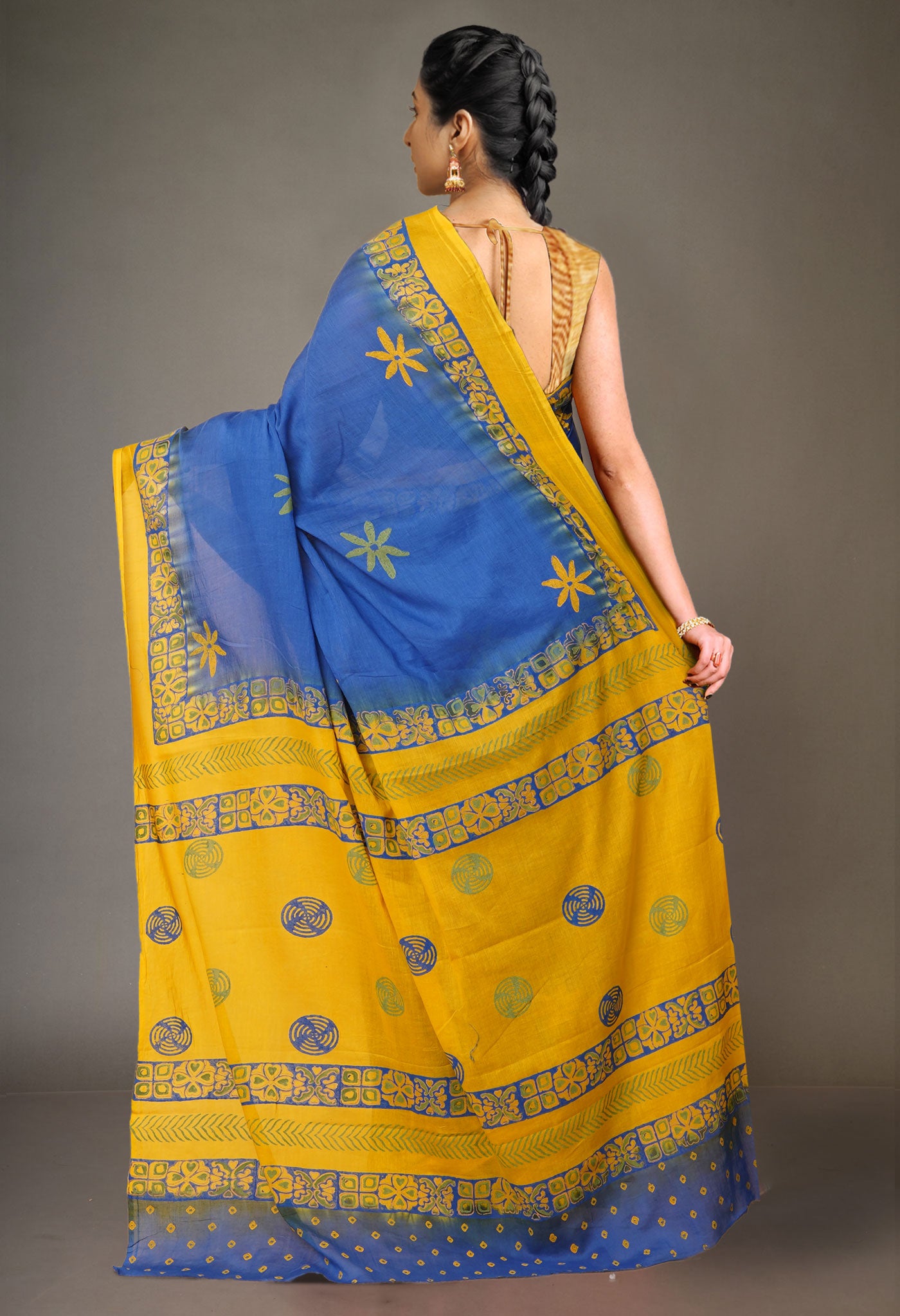 Blue Pure Hand Block Printed Soft Cotton Saree-UNM79260