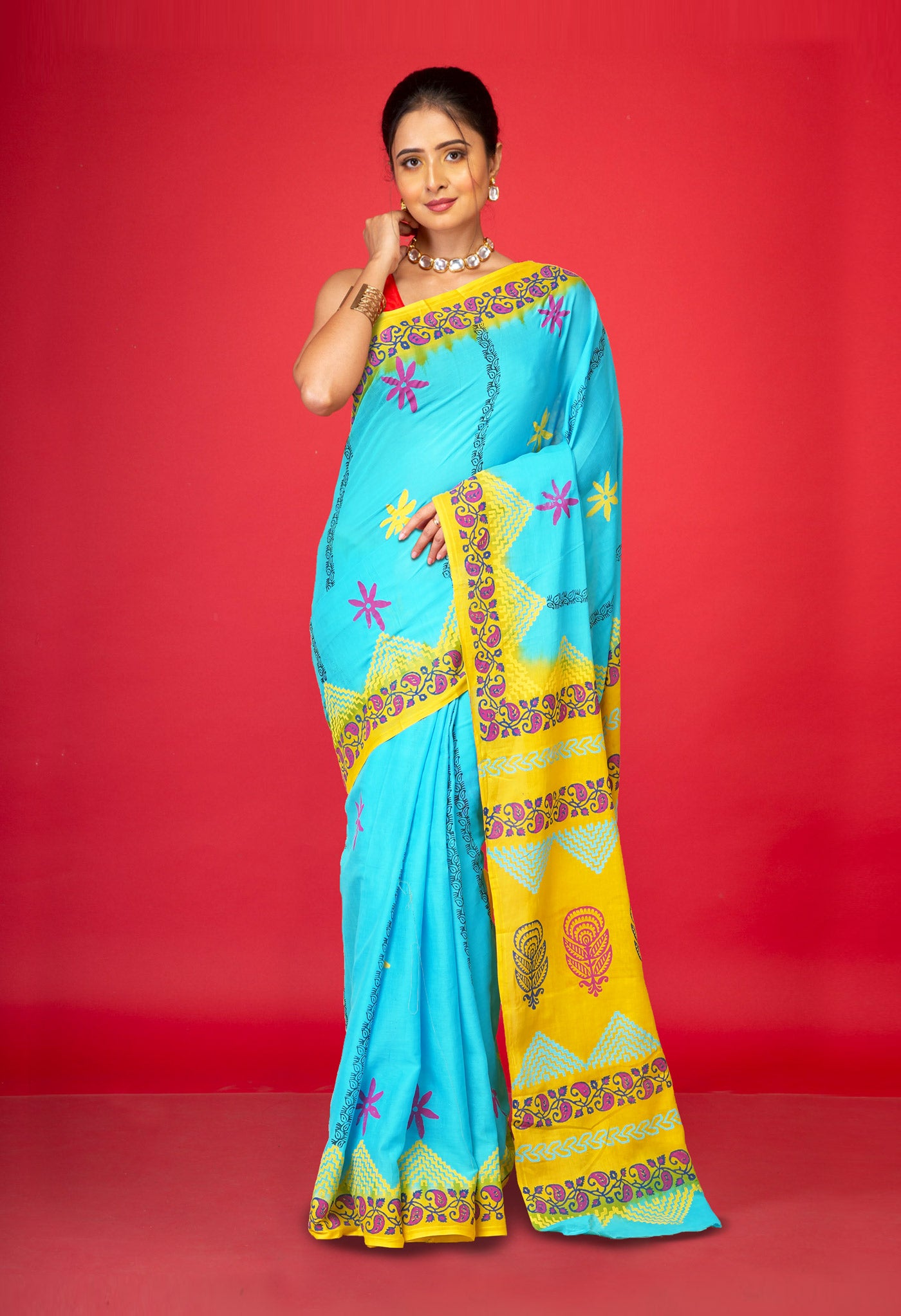 Blue Pure Hand Block Printed Soft Cotton Saree