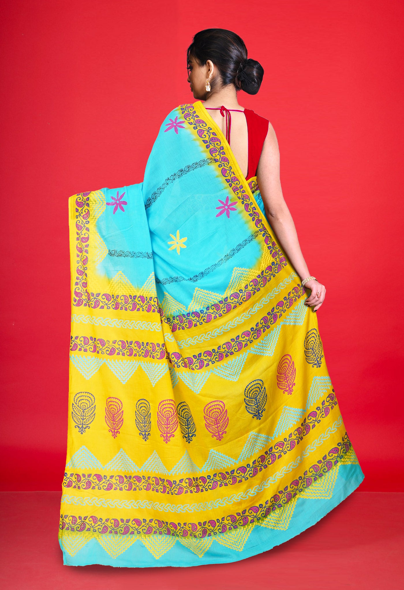 Blue Pure Hand Block Printed Soft Cotton Saree