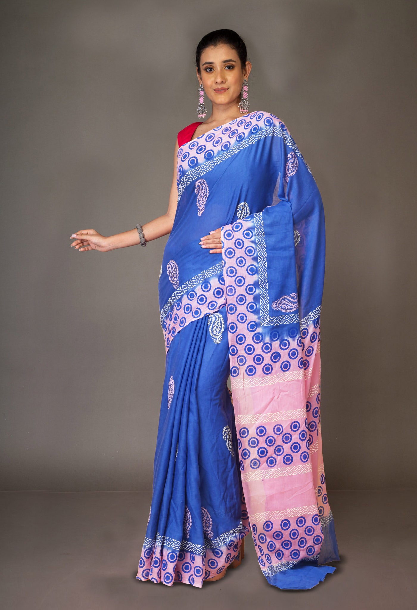 Blue Pure Hand Block Printed Soft Cotton Saree-UNM79268