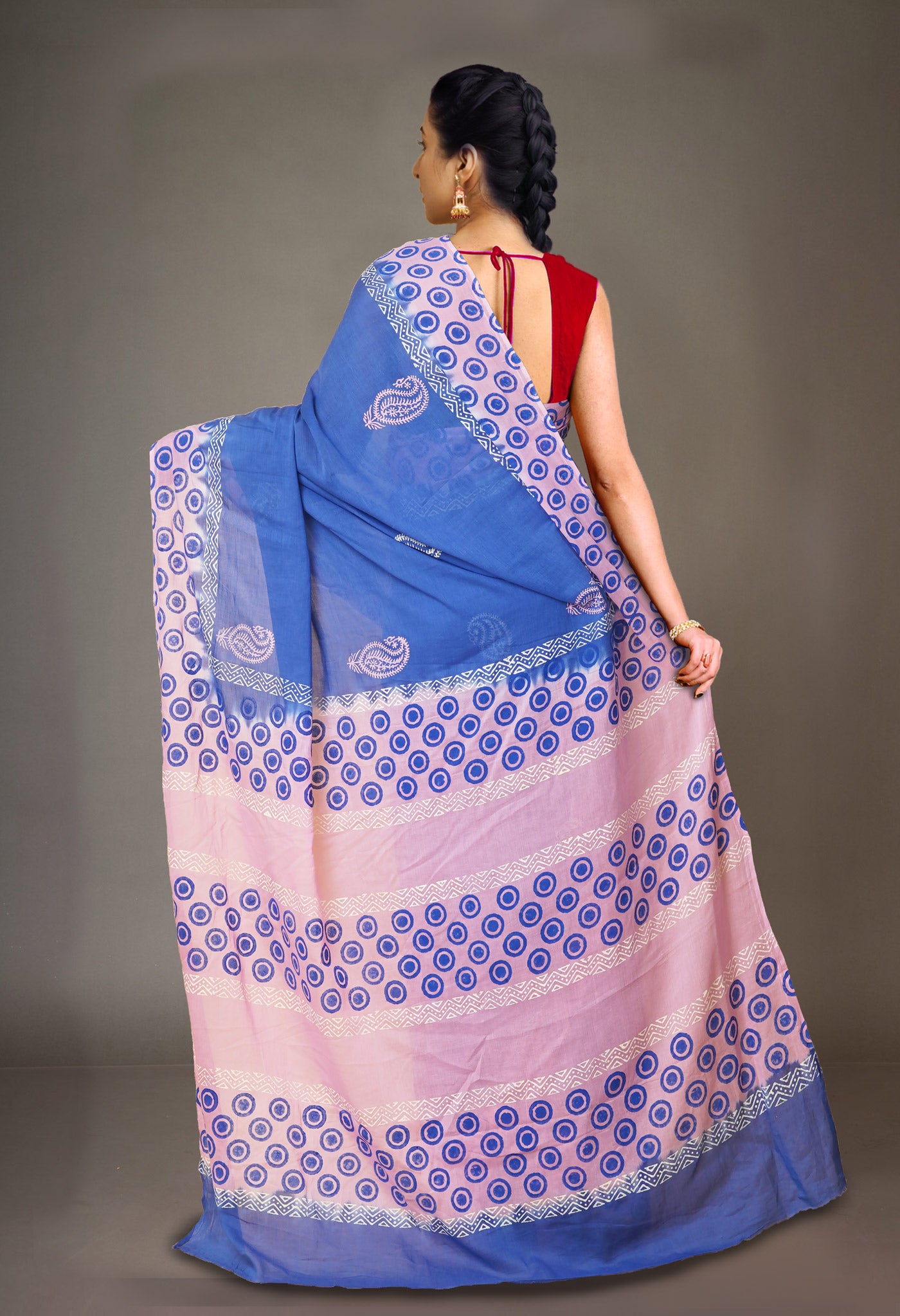 Blue Pure Hand Block Printed Soft Cotton Saree-UNM79268