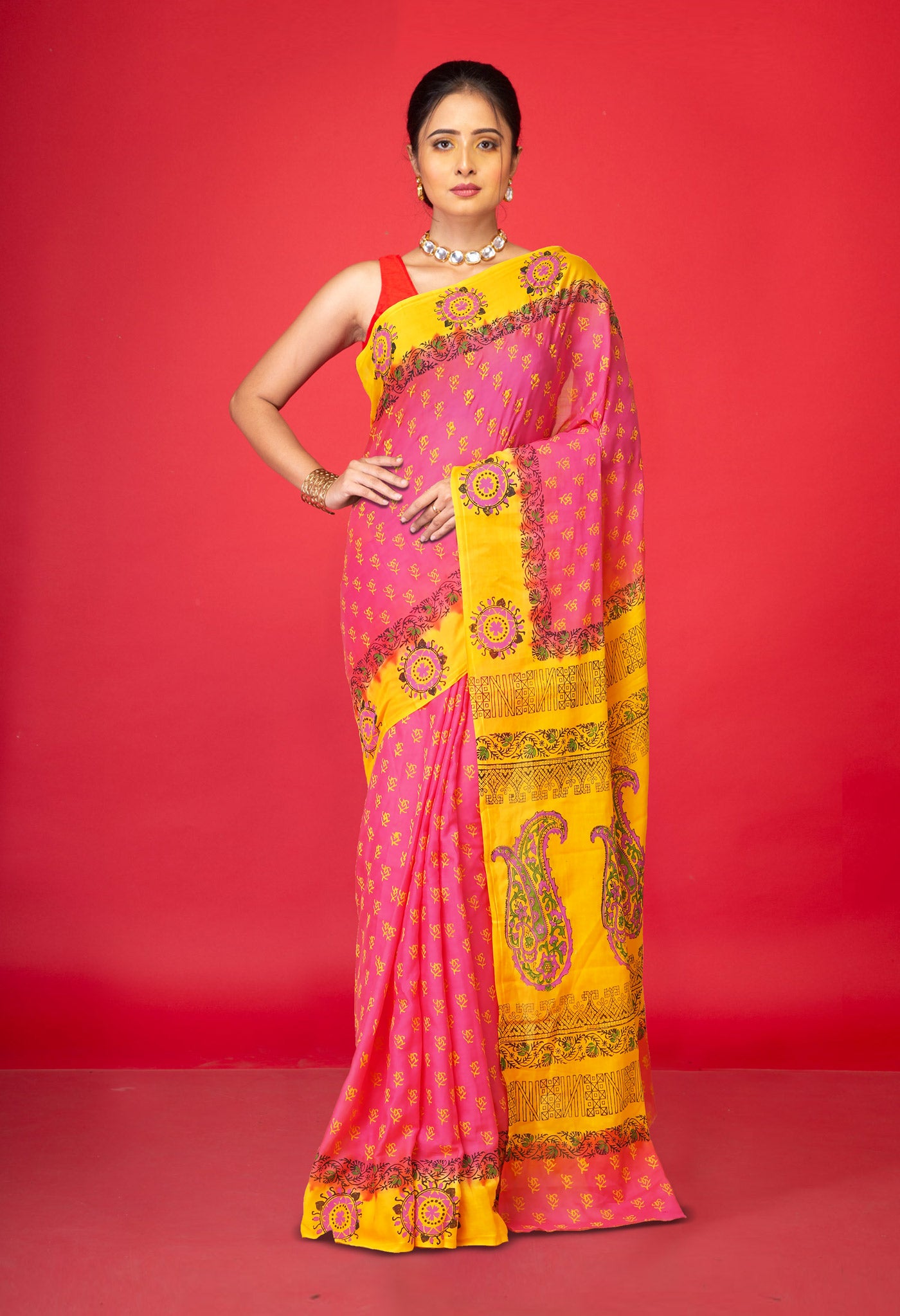 Pink Pure Hand Block Printed Soft Cotton Saree