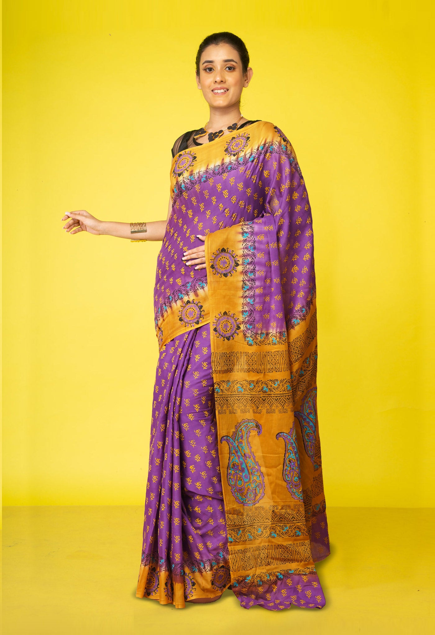 Purple Pure Hand Block Printed Soft Cotton Saree-UNM79271