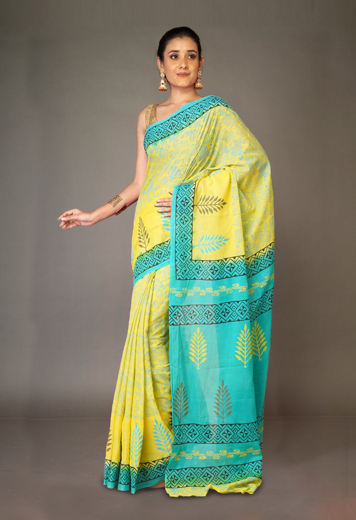 Yellow Pure Hand Block Printed Soft Cotton Saree