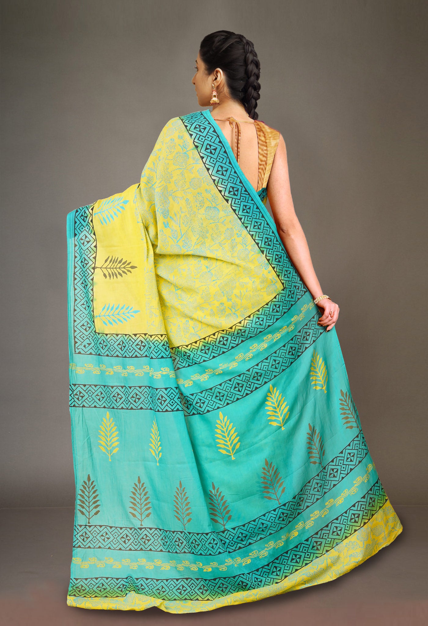 Yellow Pure Hand Block Printed Soft Cotton Saree