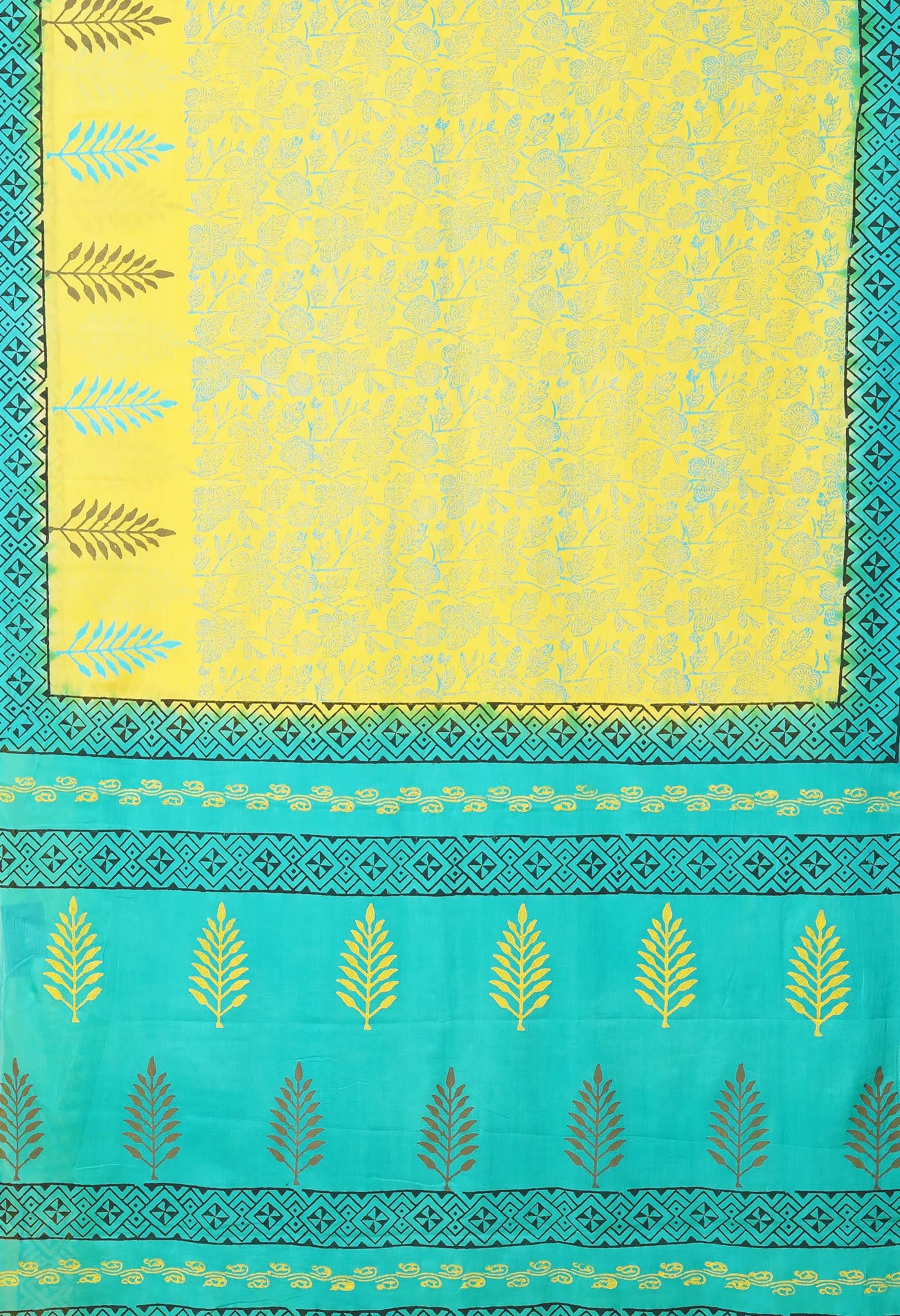 Yellow Pure Hand Block Printed Soft Cotton Saree