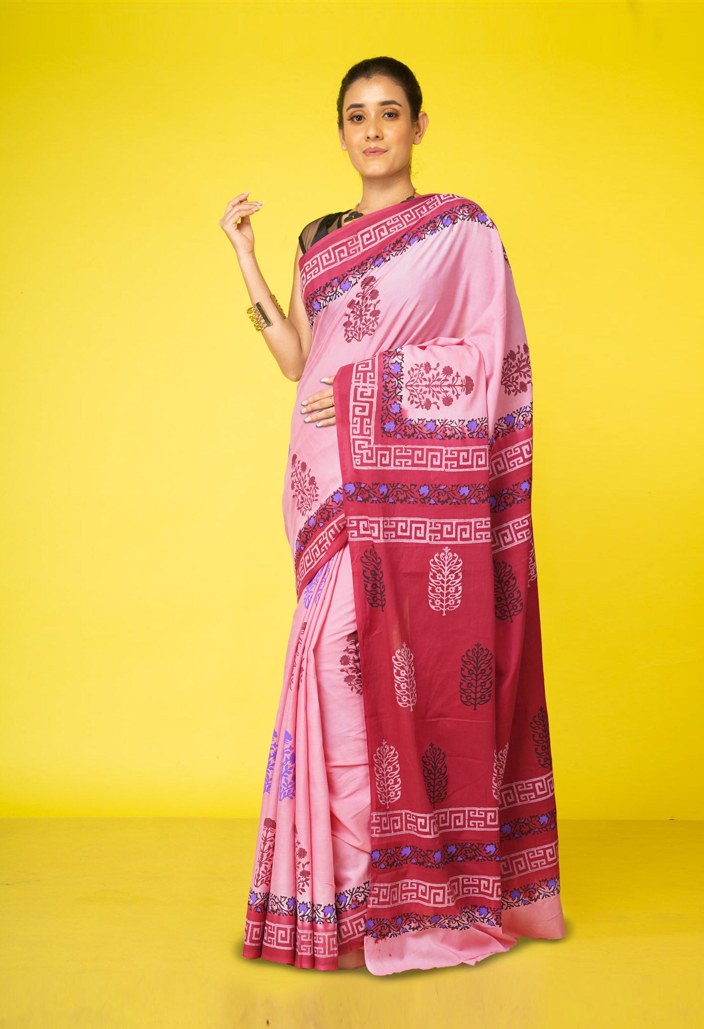 Pink Pure Hand Block Printed Soft Cotton Saree-UNM79287