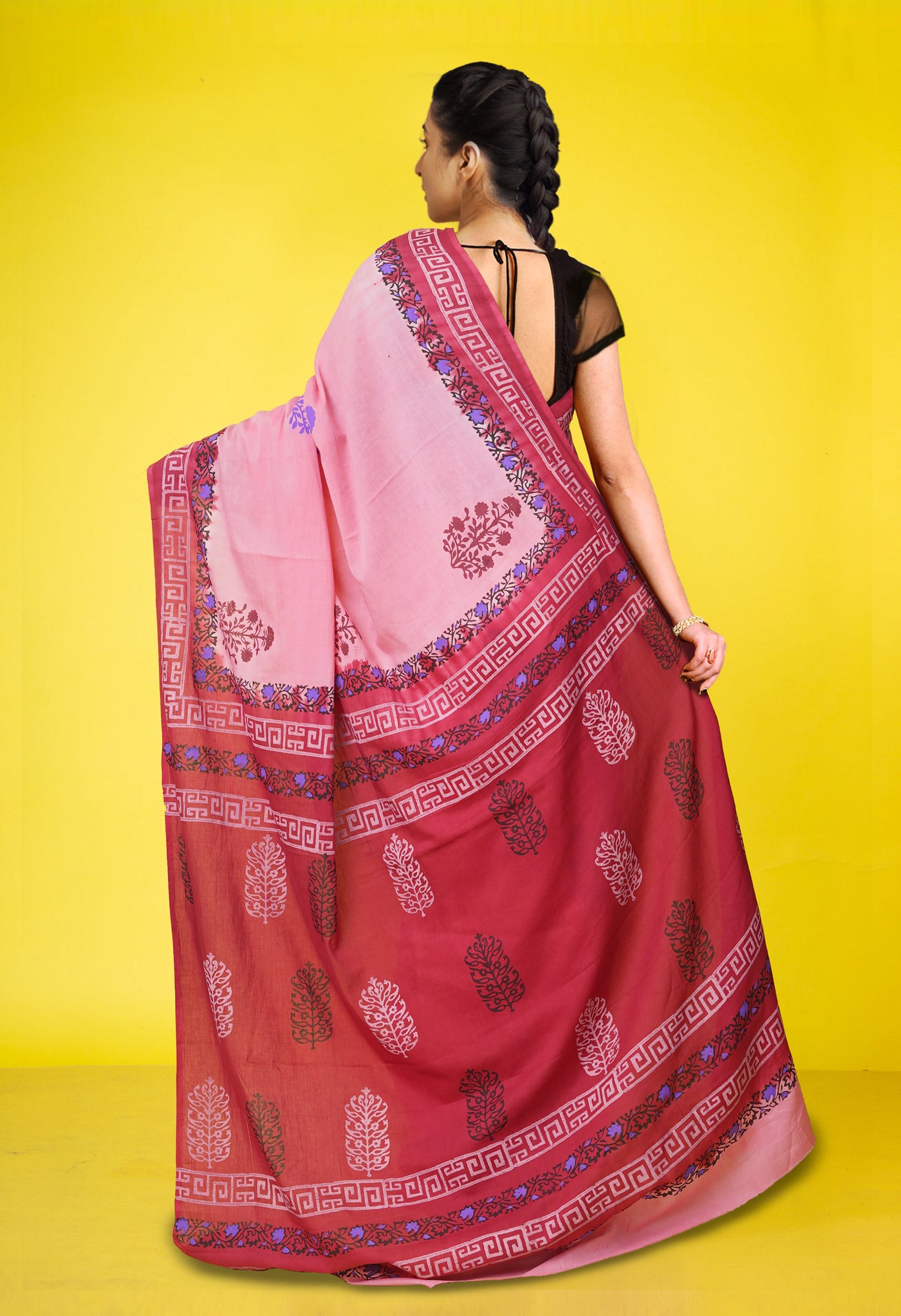 Pink Pure Hand Block Printed Soft Cotton Saree-UNM79287