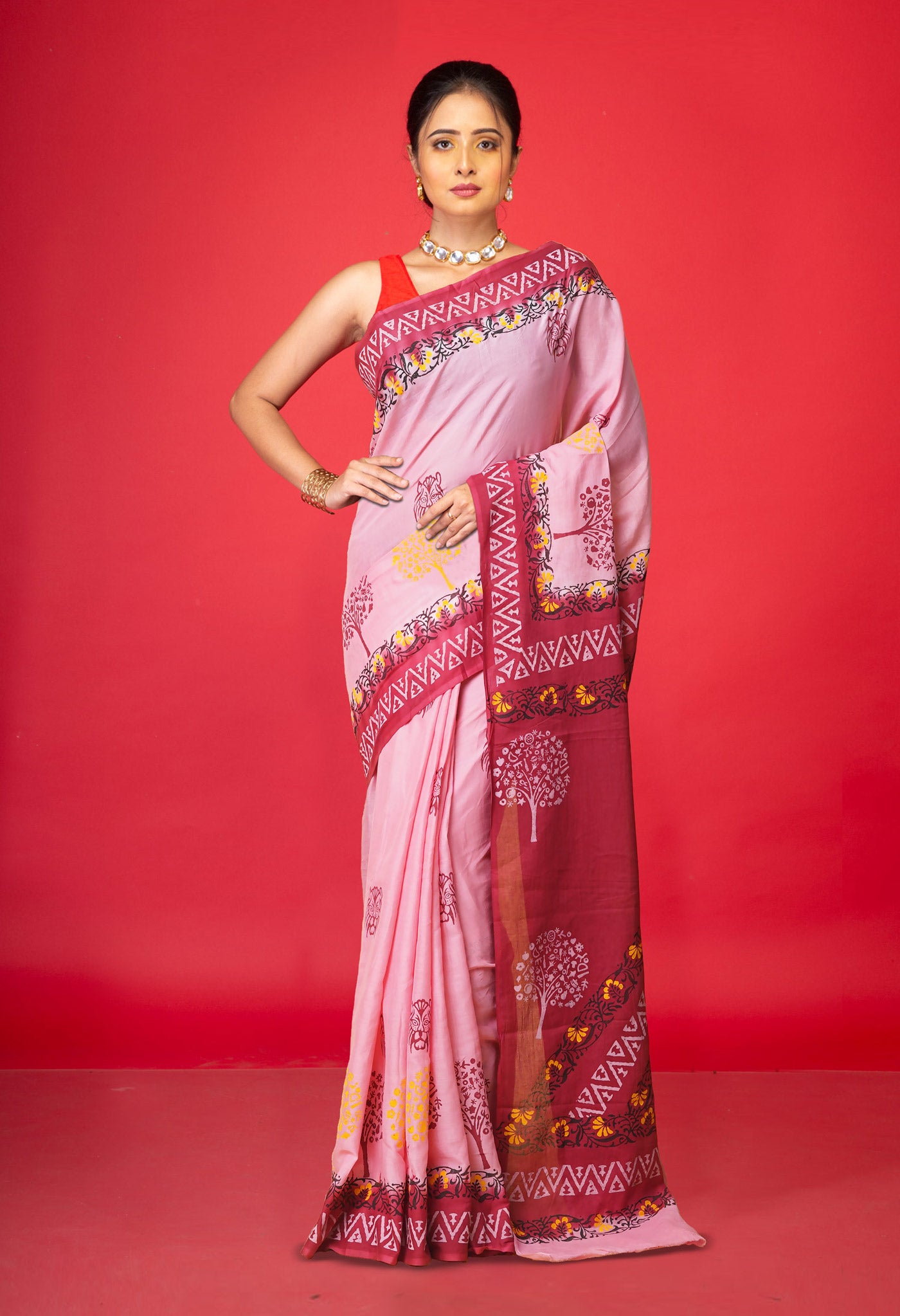 Pink Pure Hand Block Printed Soft Cotton Saree