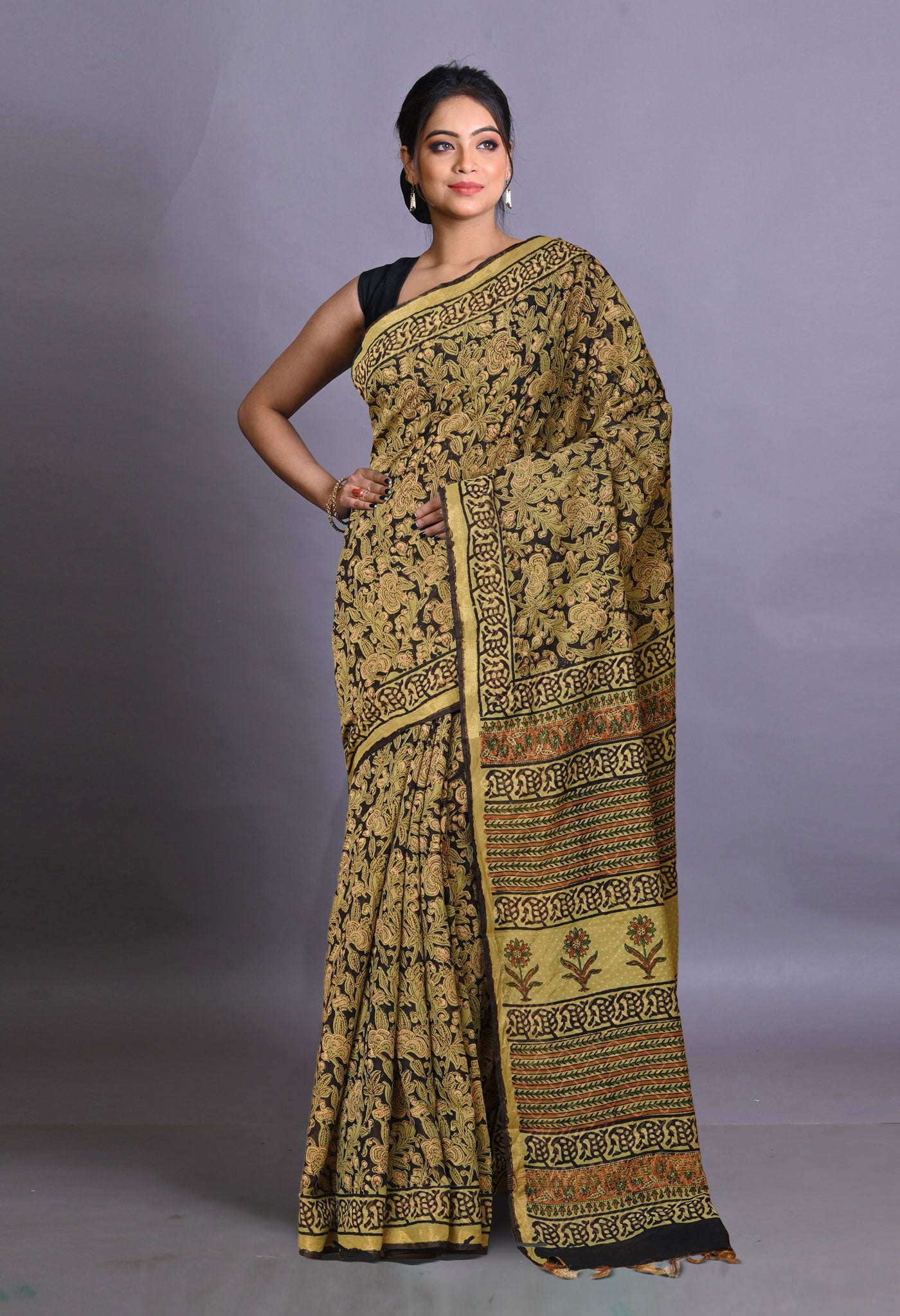 Black Pure Bagru Printed Pashmina Sico Saree-UNM79294