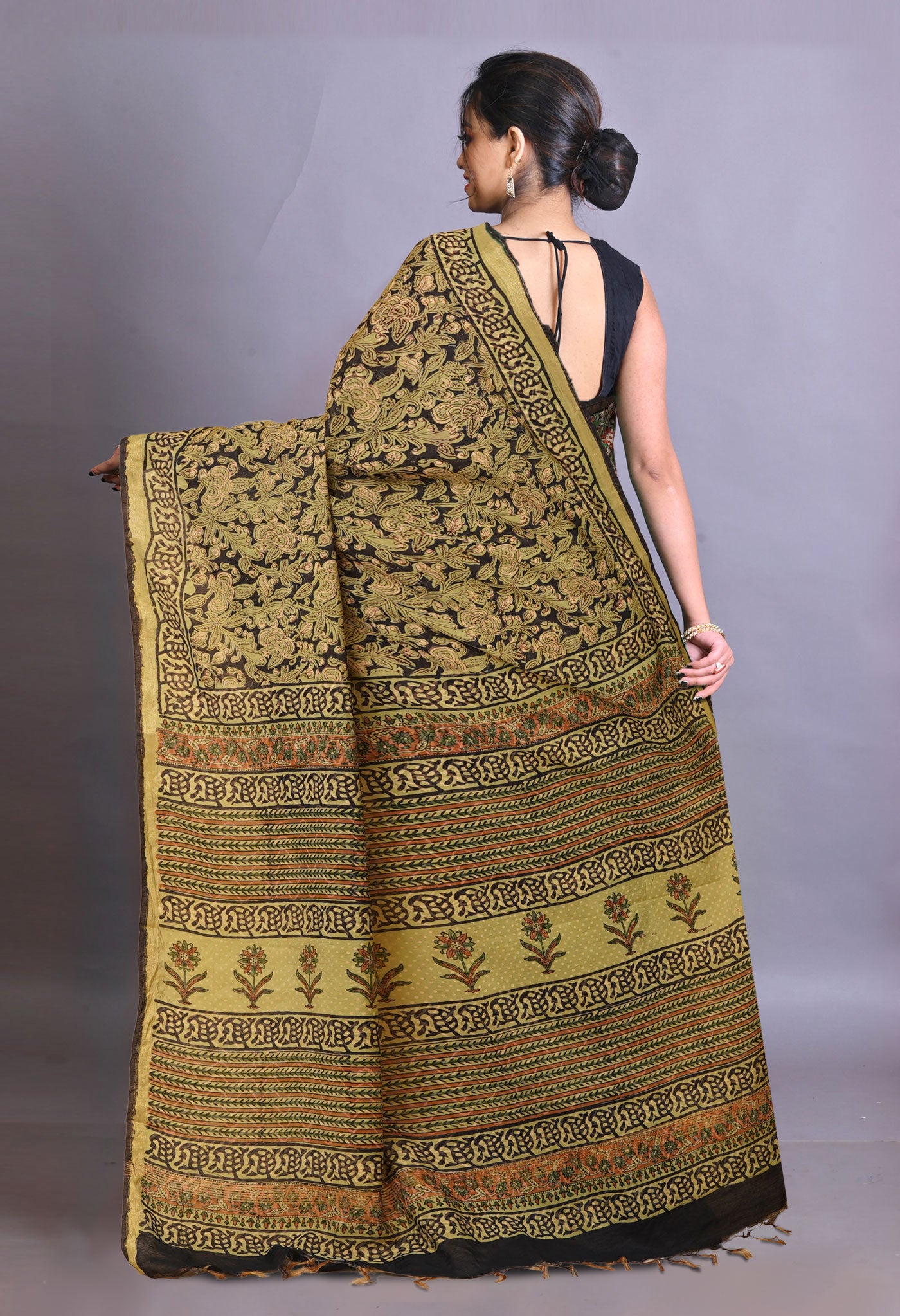 Black Pure Bagru Printed Pashmina Sico Saree-UNM79294