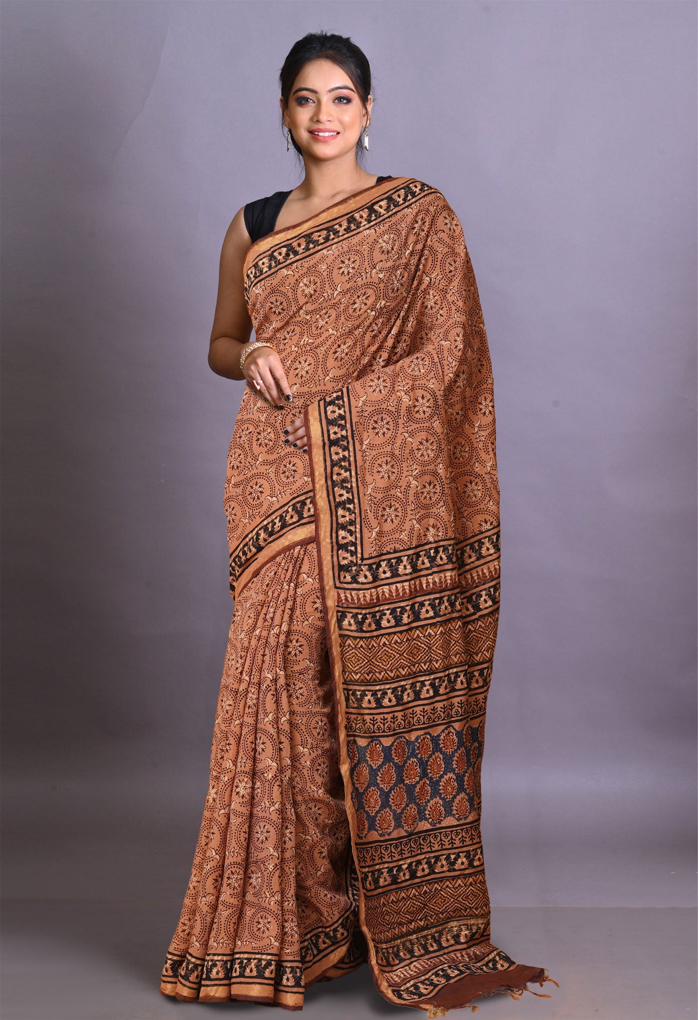 Orange Pure Bagru Printed Pashmina Sico Saree-UNM79295