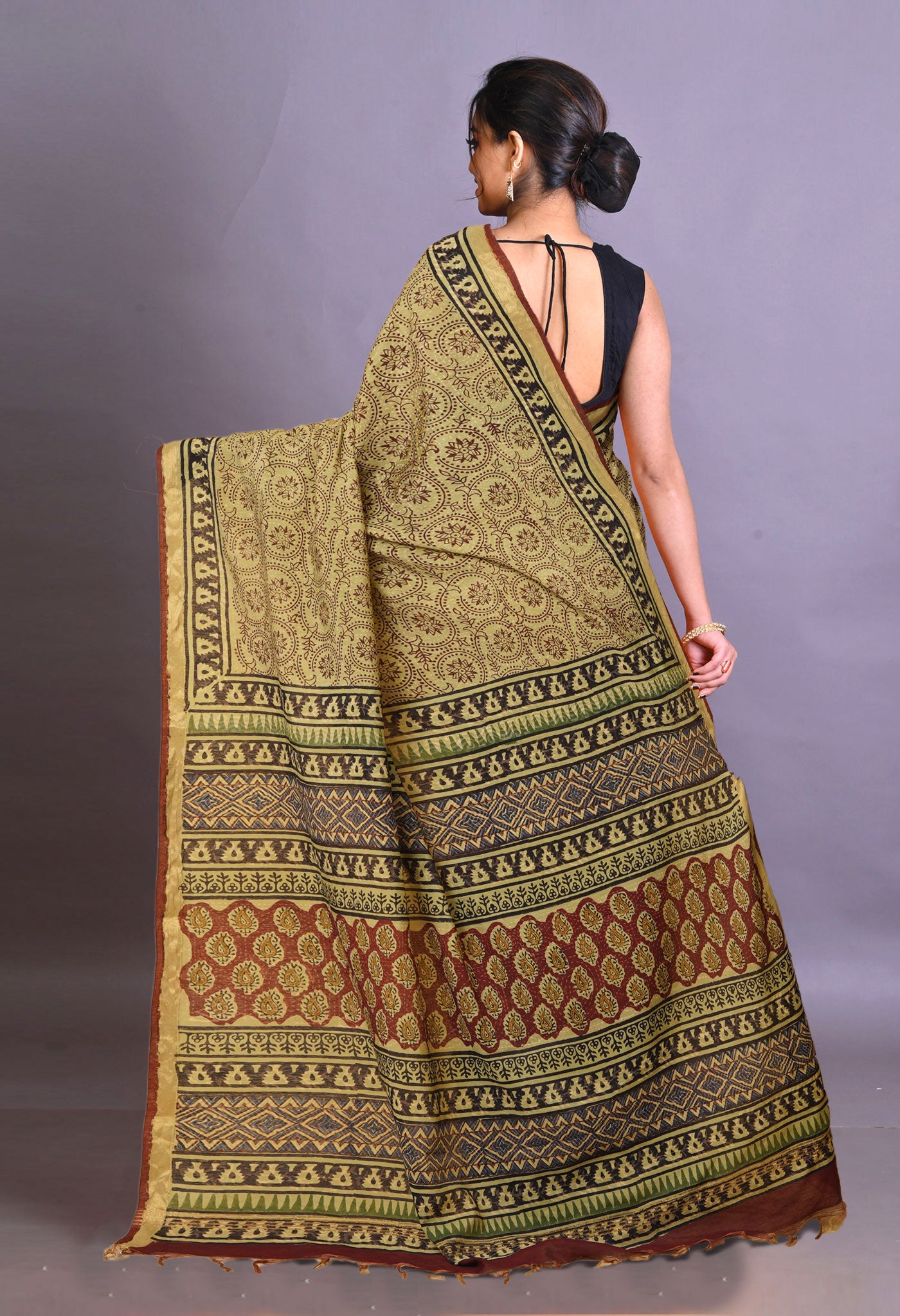 Green Pure Bagru Printed Pashmina Sico Saree-UNM79296