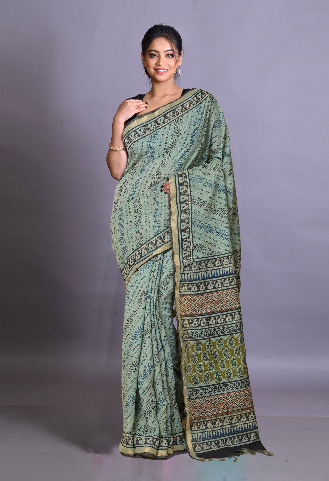 Blue Pure Bagru Printed Pashmina Sico Saree-UNM79297