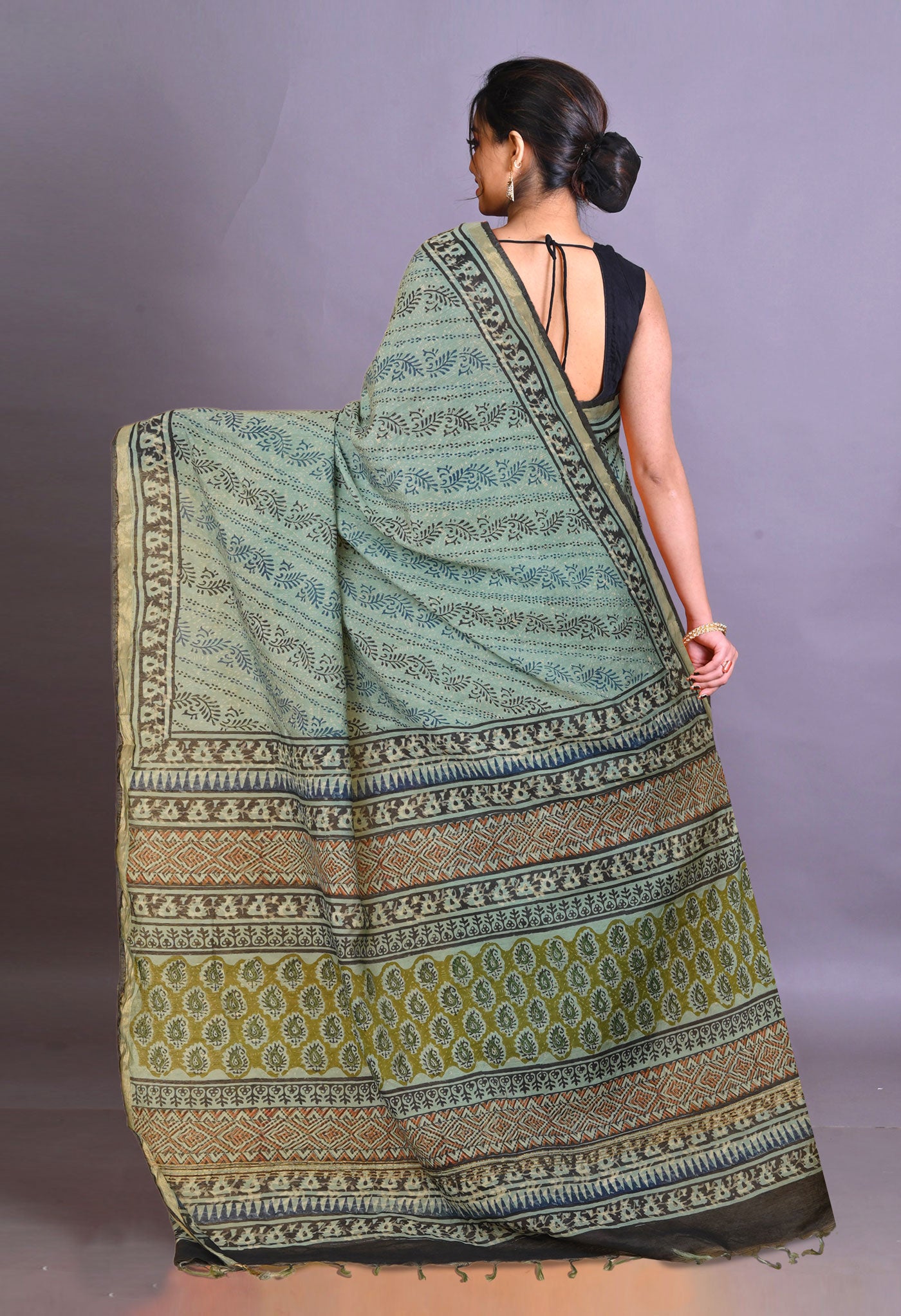 Blue Pure Bagru Printed Pashmina Sico Saree-UNM79297