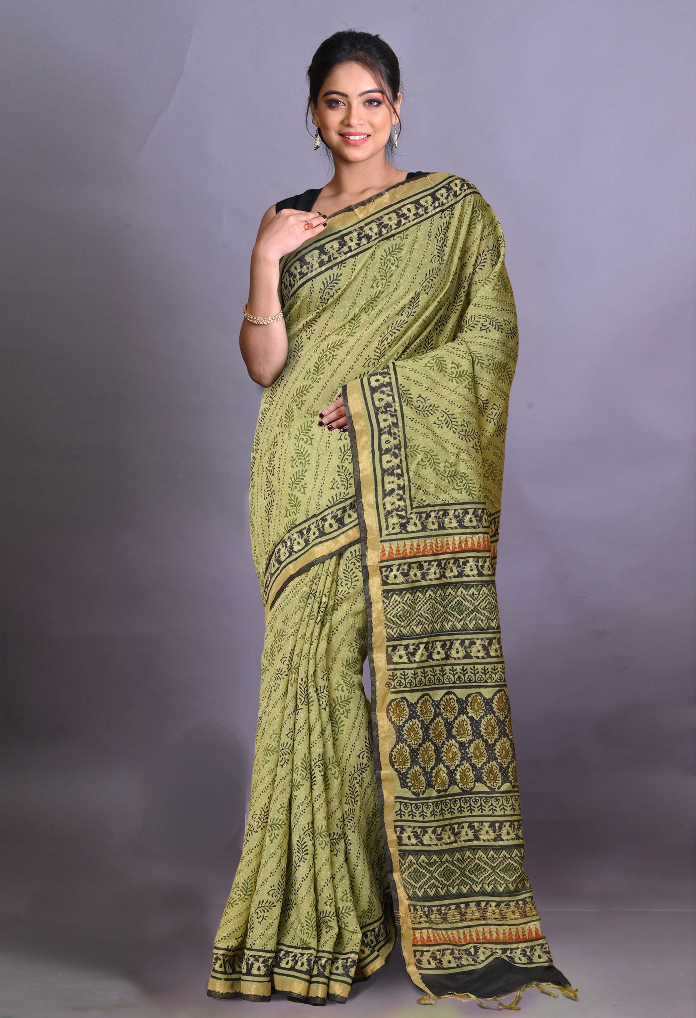 Green Pure Bagru Printed Pashmina Sico Saree-UNM79298