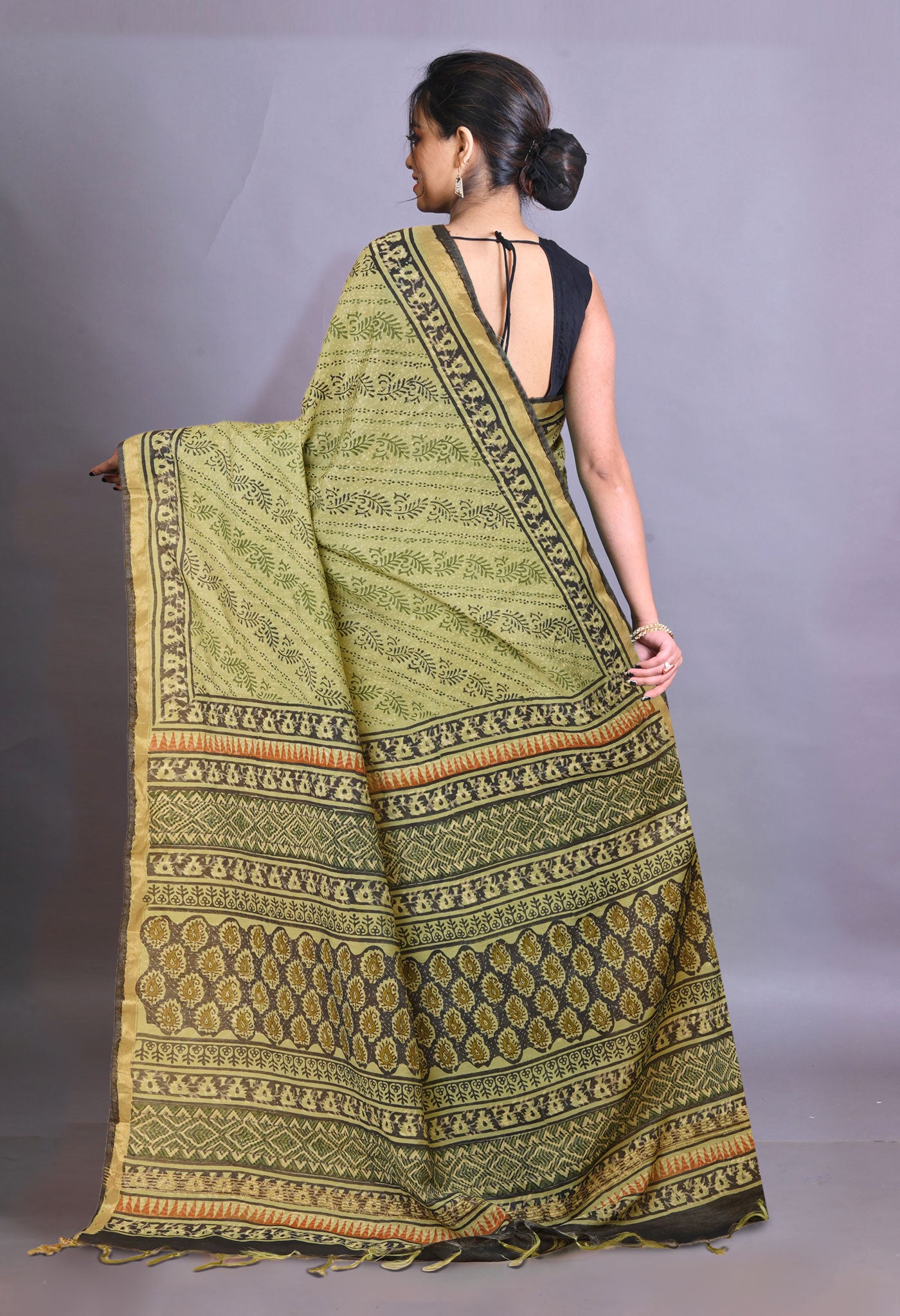 Green Pure Bagru Printed Pashmina Sico Saree-UNM79298