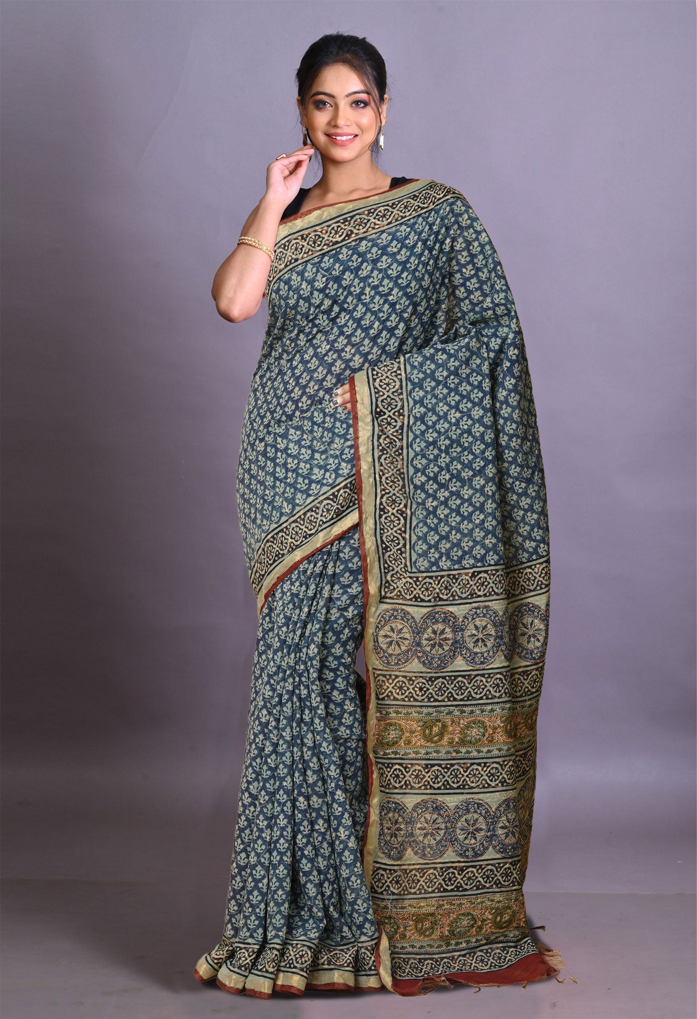 Blue Pure Bagru Printed Pashmina Sico Saree